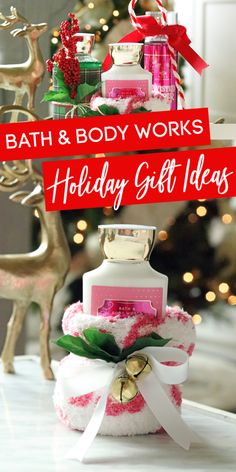 bath and body works holiday gift ideas are on display in front of a christmas tree