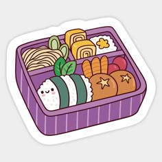 a purple container filled with different types of sushi