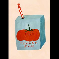 a painting of a tomato in a carton with a candy cane sticking out of it