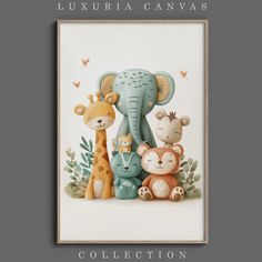 an elephant, giraffe, and other animals are featured in this art print