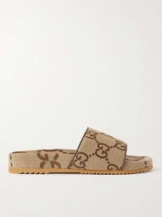 Shop GUCCI Sideline Monogrammed Canvas Slides, Explore the latest in-season GUCCI collection today on MR PORTER Gucci Slippers Men, Gucci Slide, Natural Leather Sandals, Gucci Slippers, Poolside Outfit, Slides For Men, Slides Outfit, Gucci Collection, Gucci Slides