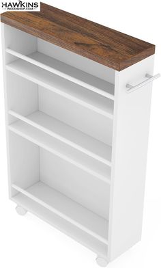 a white bookcase with wooden top and two shelves on each side, against a white background