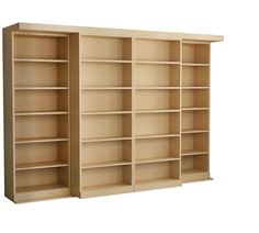 an empty bookcase is shown with no doors on the front and bottom shelves,