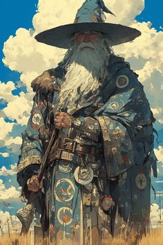 a painting of an old wizard standing in a field