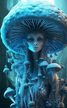 a woman with blue hair and mushrooms on her head