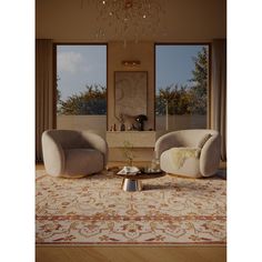 a living room with two chairs and a coffee table in front of a large window