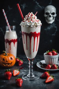 A photo of a  Vampire's Delight Milkshake which is a type of Halloween Milkshare ideas Halloween Milkshake Ideas, Kid Friendly Halloween Desserts, Halloween Drinks And Snacks, Halloween Ice Cream Ideas, Spooky Milkshake, Halloween Coffee Drinks, Halloween Sundae, Kid Friendly Halloween Drinks, Horror Drinks