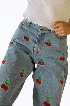 Free shipping and easy returns on Grace & Lace High-Rise Cherry-Embroidered Tapered Jeans In Light Blue. High-waist is here to stay and we especially love this style.Made of lightw Cherry Embroidery, Hipster Jeans, Painted Jeans, Stylish Jeans, Painted Clothes, Distressed Denim Jeans, Embroidery Fashion, Button Fly Jeans, Low Rise Jeans