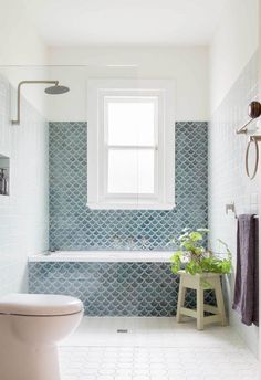 an instagram photo of a bathroom with blue and white tiles on the walls, along with a plant