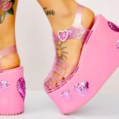 Questions? Leave A Comment Below! Jelly Platforms, Cosplay Style, Heart Platforms, Y2k Princess, Jelly Hearts, Y2k Heels, Million Dollar Baby, Dolls Kill Shoes, Baby Spice