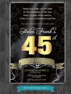 a black and gold birthday party card with the number 45 on it's front