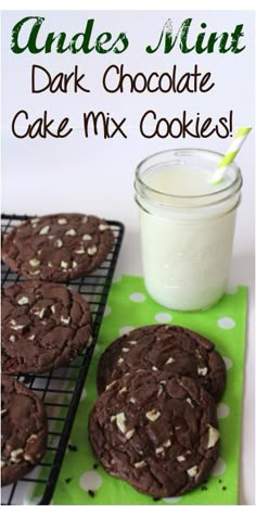 chocolate cookies and milk on a green tray