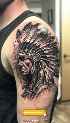 Native American Chief Tattoo, Indian Head Tattoo, Indian Headdress Tattoo, Shoulder Cover Up Tattoos, Indian Chief Tattoo, Cherokee Tattoos, Native Indian Tattoos, Headdress Tattoo