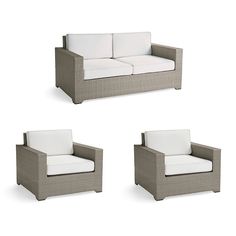 three pieces of outdoor furniture with white cushions on a white background, including a sofa and chair