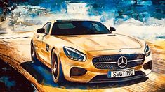 a painting of a yellow mercedes sports car