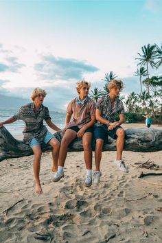 three people are sitting on a log at the beach