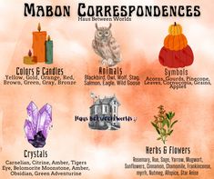 an orange and white poster with many different things on it's back side, including the words mabon correspondences