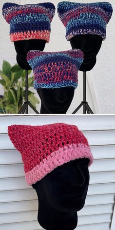 three crocheted hats sitting on top of a mannequin's head