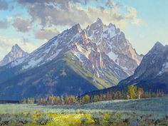 an oil painting of mountains in the distance with grass and flowers on the foreground