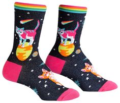 PRICES MAY VARY. Ultra soft, high-quality, cat socks for women Approximately fits women's shoe size 5-10 Fun and funky cat socks for playful cat lovers Our threads are certified by OEKO-TEX Standard 100, which means we leave out harmful chemicals to keep your skin safe and happy STYLISH AND ADORABLE - Your toes will be cozy in these eye-catching, thick, comfy socks Cats are the perfect, independent animal to hang out in space. Batting at passing meteors, sitting on high up planets, watching spac Sock It To Me, Sock Lovers, World Cat, Pink Toes, Cat Playground, Rainbow Outfit, Women Crew Socks, Cat Socks, Crazy Socks