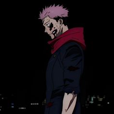 an anime character with pink hair standing in the dark, looking to his left side