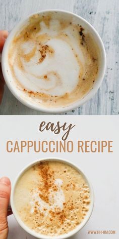 two cups of cappuccino with cinnamon on top and the words easy cappuccino recipe below