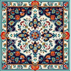 an ornate blue and white tile with red, orange, yellow and green flowers on it