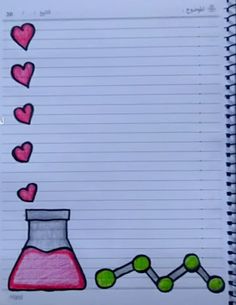 a notebook with an image of a beakle and two hearts on the page, next to it is a test tube filled with liquid