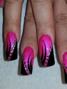 Red Nail Designs Summer 2023, Pink Nails With Black Design, Gorgeous Nails Designs, Silver Nail Art Designs, Pink And Black Nail Art, Pink And Black Nail Designs, Fuschia Nails, June Nail Designs, Hot Pink Nail Art