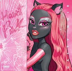 a black cat girl with pink hair talking on a cell phone