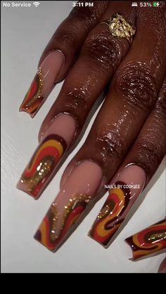 Green Orange Brown Nails, Bhm Nail Designs, Earthy Girl Nails Acrylic, Earthy Summer Nails, 70’s Nail Designs, Tabitha Brown Colorful Nails, 70s Inspired Nails Acrylic, Creative Fall Nails, Mf Doom Nails