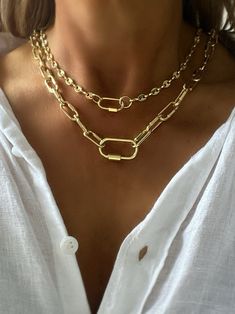 1. Top necklace  5mm links with a mini gold carabiner     14K gold plated brass     screw clasp closure            16" or 18" length 2. Second necklace      links 20mm x 9mm      14K gold plated brass      gold carabiner clasp           screw clasp closure       16" or 18" length Everyday Oval Link Necklace With Carabiner Clasp, Carabiner Clasp Chain Link Necklace, Everyday Chain Link Necklace With Carabiner Clasp, Gold Chain Link Necklace With Carabiner Clasp, Gold Link Chain Necklace, Carabiner Necklace, Chunky Gold Necklaces, Grunge Jewelry, Mini Gold