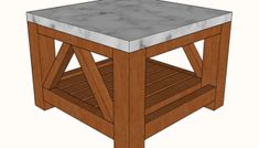 a wooden table with a marble top and shelf on the bottom is shown in this drawing