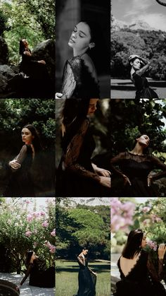 black and white photo collage with woman in the park, trees, flowers, and birds