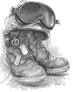 a pencil drawing of a pair of boots with goggles on top, and some other items in the boot