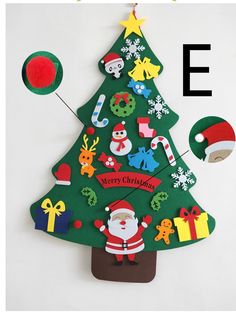 a christmas tree made out of felt with decorations on it and the letter e below