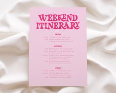 a pink menu with the words weekend timeary on it