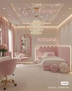 a bedroom decorated in pink and white with chandelier, bed, desk, chair and mirror