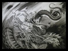 a black and white drawing of a dragon