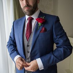 Winter Wedding Blue, Red Rose Boutonniere, Blue Wedding Suit, Grey Waistcoat, Wedding Tux