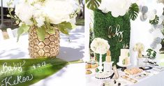 a table topped with white flowers and greenery next to a tall pineapple vase