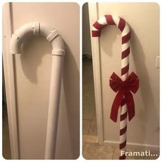 two pictures side by side one has a candy cane and the other has a bow