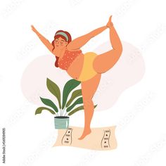 a woman is doing yoga in front of a potted plant