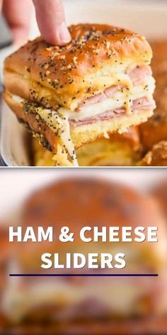 ham and cheese sliders on a plate with text overlay