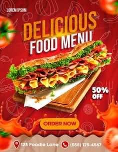 an advertisement for a deli food menu featuring a sub sandwich with lettuce and tomato slices