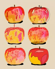 four apples with different colors and designs on them