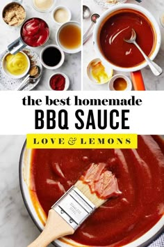 the best homemade bbq sauce is in a bowl with a wooden spatula