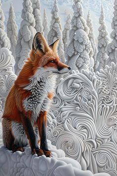 a painting of a fox sitting on top of a snow covered hill