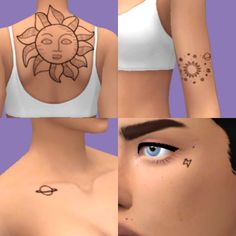 four different images of women with sun and moon tattoos on their back shoulder, neck and chest