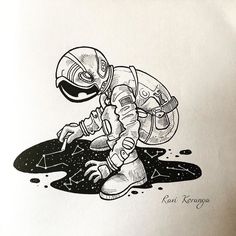 a black and white drawing of an astronaut kneeling on the ground with his foot in the mud